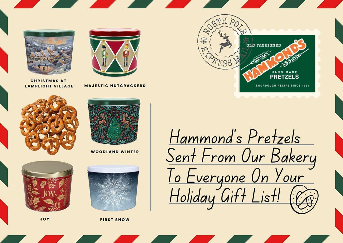 Send decorative sourdough pretzel cans from Hammond’s Bakery to everyone on your gift list. Easy multi-location shipping.