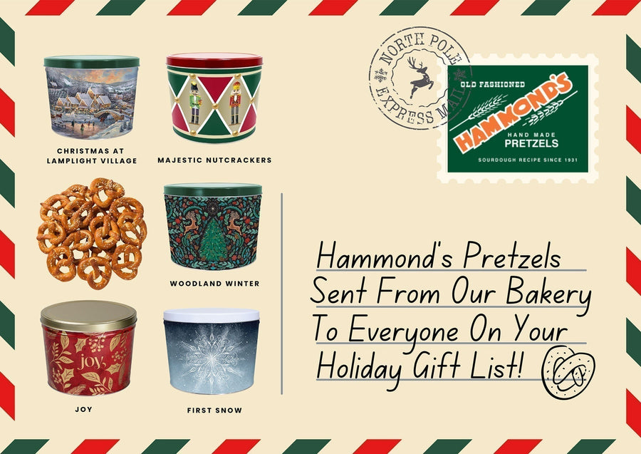 Send decorative sourdough pretzel cans from Hammond’s Bakery to everyone on your gift list. Easy multi-location shipping.